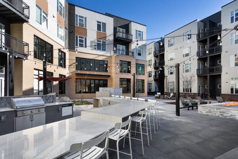 The outdoor kitchens at Olivine Apartments in Columbine, CO.